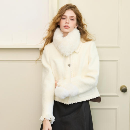 三彩2025新款国风环保皮草毛毛围巾小围脖交叉保暖双毛绒球女温柔 商品图2