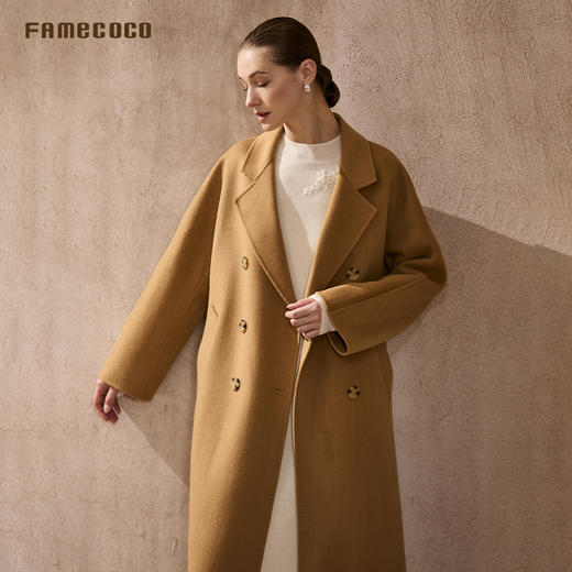 Famecoco简约西装领宽松直筒纯羊毛双面呢大衣长款毛呢FAC8AQ026 商品图3