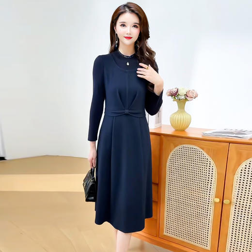 QYM 25S28-Y假两件长袖连衣裙妈妈装中长款A字裙 商品图0