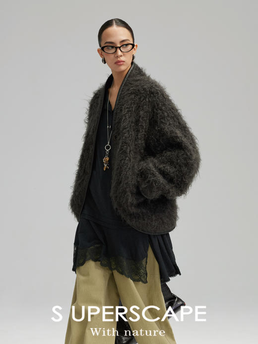 素舶 意大利进口马海毛羊毛圈圈长毛蝙蝠袖羊皮包边毛呢短外套 商品图2