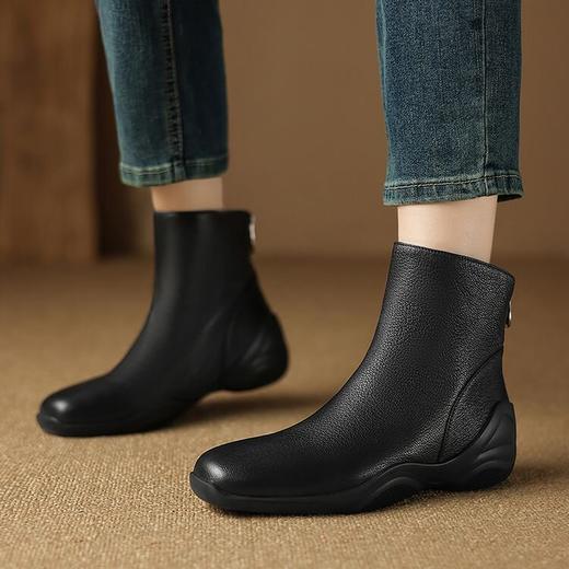 【预售5天】冬季新款厚底加绒短靴女方头百搭舒适羊皮后拉链中跟时装靴子DTN&266-8 商品图4
