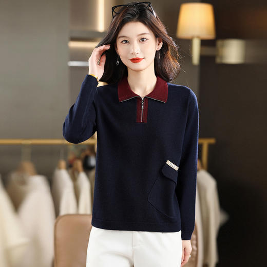 QF 105-1257翻领针织衫拼色宽松休闲毛衣 商品图3