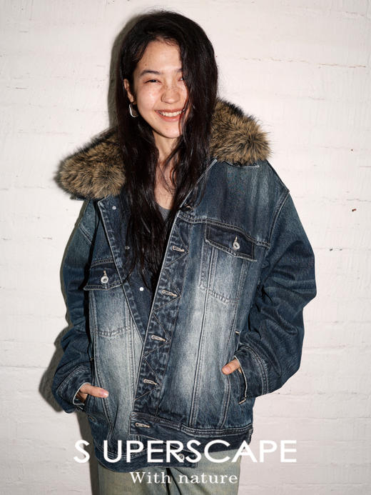 素舶 三合一可拆卸毛领内胆复古水洗牛仔外套保暖棉服 商品图3