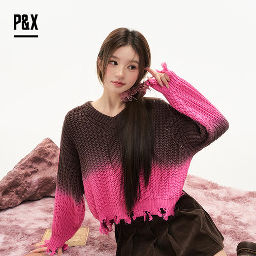 P&X设计师女装2025冬季毛针织毛衣拼色镂空撞色 825418202 咖/粉 商品图2