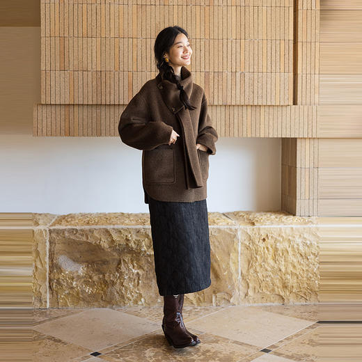 绽放625朵/荒野旅行外套·羊驼羊毛混纺开襟含围巾中长款毛呢外套 商品图2