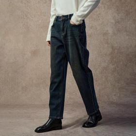 Famecoco梨型显瘦水洗深蓝高腰牛仔裤薄绒款宽松直筒裤FAC8GA033