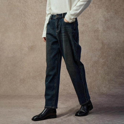 Famecoco梨型显瘦水洗深蓝高腰牛仔裤薄绒款宽松直筒裤FAC8GA033 商品图0