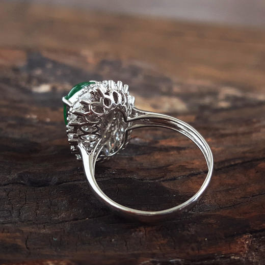 【天然正品】A货翡翠AU750收藏级白金豪镶钻镶天然细腻满绿冰种蛋面翡翠戒指16.5号（戒圈可改）女士161025XY11现售价：29800 商品图5