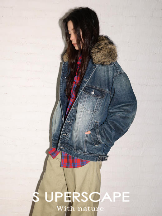 素舶 三合一可拆卸毛领内胆复古水洗牛仔外套保暖棉服 商品图0