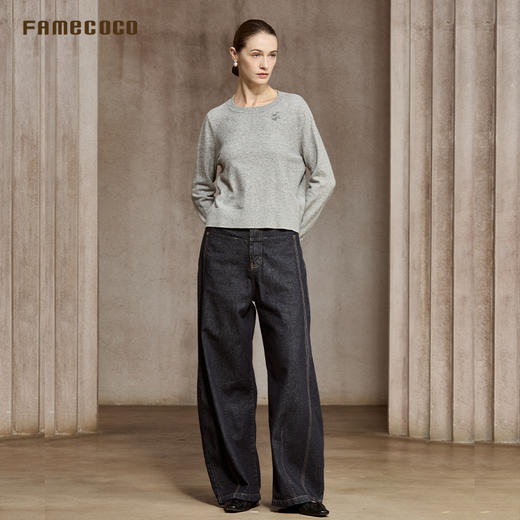 Famecoco静奢羊毛衫优雅刺绣圆领宽松百搭针织衫打底女FAC8DB006 商品图2