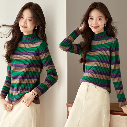 XY-75532025秋冬新款半高领彩色条纹毛衣女复古风显瘦坑条针织打底衫上衣 商品图2