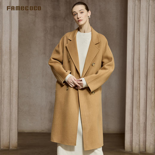 Famecoco简约西装领宽松直筒纯羊毛双面呢大衣长款毛呢FAC8AQ026 商品图4
