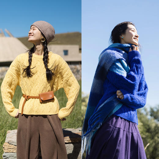 特绽放653朵/麻花毛衣·走锭全羊毛绞花粗棒针落肩套头毛衣女新款 商品图0