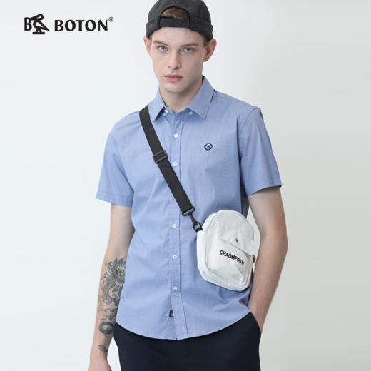 波顿夏季男士短袖高端纯色棉衬衫浅蓝色潮品牌休闲衬衣MS858220 商品图0
