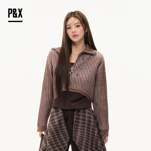 P&X设计师女装2025冬季T恤针织条纹两件套短款上衣825415095 咖色 商品图2