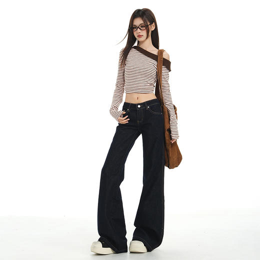 罗蒙春秋款女士深蓝原色牛仔裤低腰微喇美式复古宽松显瘦百搭拖地长裤 商品图3