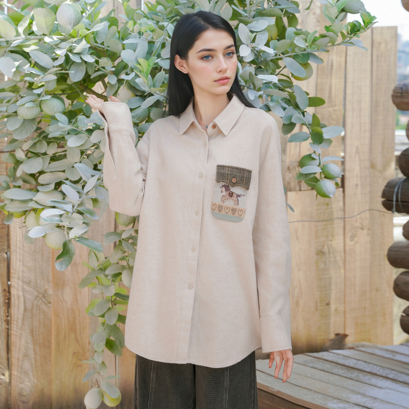 谜底衬衣长袖2025冬新品简约宽松中长款毛织贴袋衬衫女254MC1720