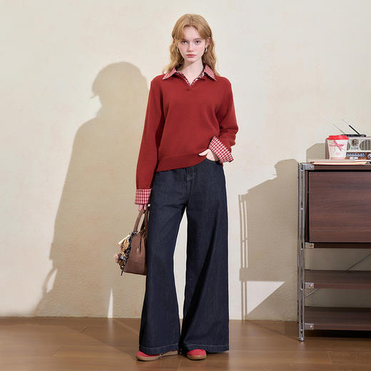 西遇假两件格纹拼接套头毛衣女冬季新款气质百搭翻领针织衫H0055301 商品图1