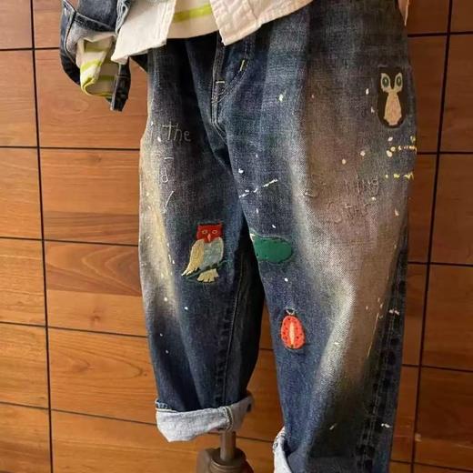 2025新款DD日系儿童刺绣猫头鹰泼墨复古丹宁宽松牛仔长裤秋冬！ 商品图0