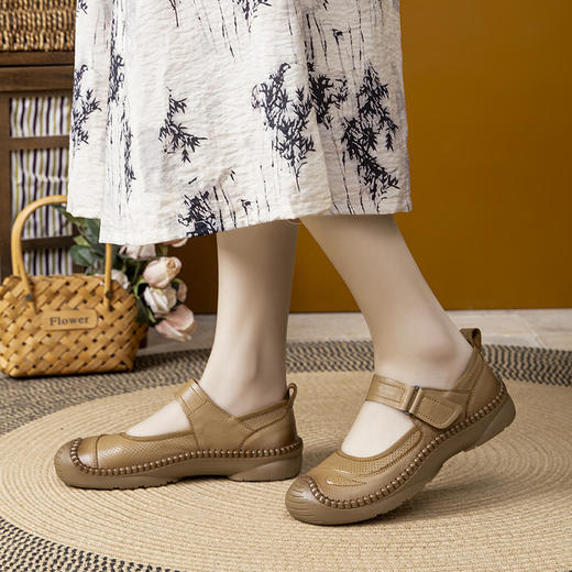 头层牛皮中老年浅口单鞋，手工复古风平底牛筋软底妈妈鞋MLD-5535 商品图3