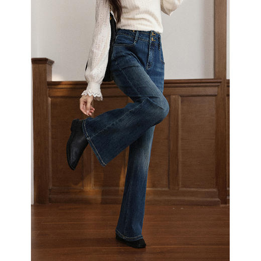 鹿向南「复古千金」深蓝色微喇牛仔裤秋季新款休闲显瘦通勤长裤女L58729 商品图1