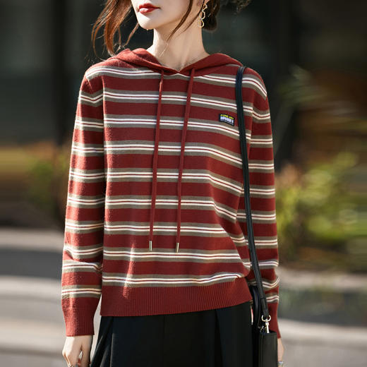 条纹针织衫女内搭外穿都有范 秋冬新款时尚宽松显瘦减龄休闲连帽长袖上衣新款新品女装 商品图0