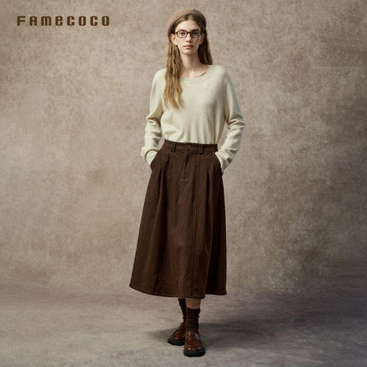 Famecoco休闲复古高腰半身裙宽松显瘦A字裙百搭纯色伞裙FAC8HA031 商品图2