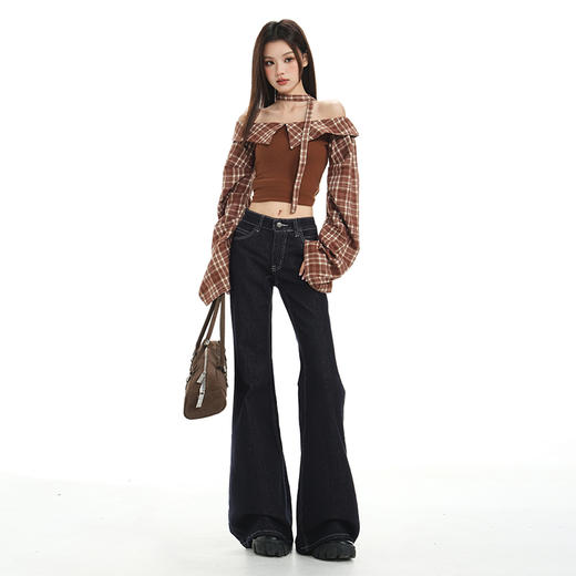 罗蒙春秋款女士牛仔裤丹尼深蓝微喇叭裤子显瘦百搭原色弹力阔腿拖地长裤 商品图2