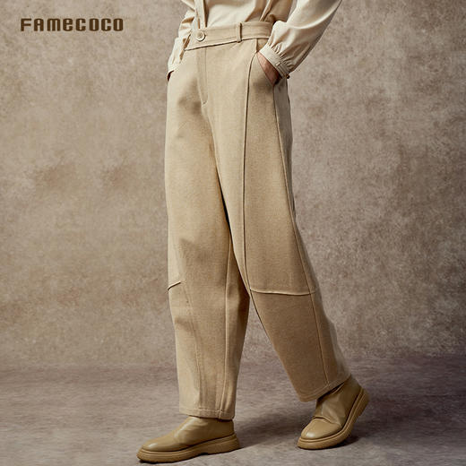 Famecoco双色羊毛梭织简约弯刀裤宽松休闲裤弹力松紧带FAC8GA003 商品图1