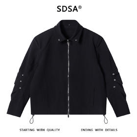SDSA秋冬新款痞帅男装高街铆钉褶皱拉链翻领夹克下摆松紧百搭外套