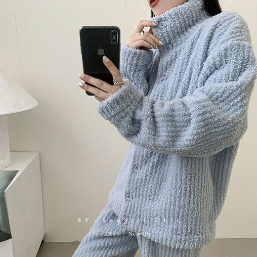 秋冬【加绒加厚睡衣套装】高领宽松半边绒 弹力坑条保暖家居服睡衣女款 商品图4