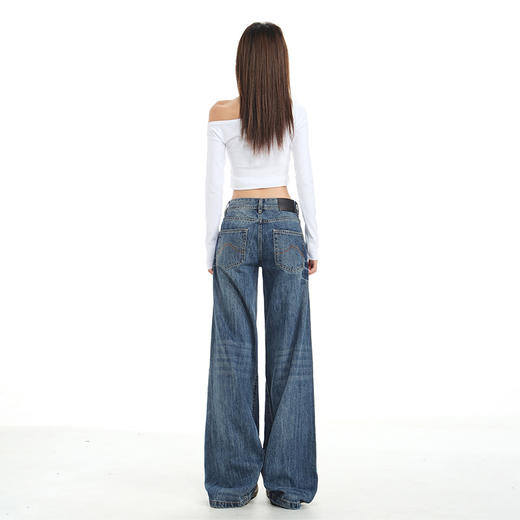 罗蒙牛仔裤女士春秋款复古深蓝渐变水洗抓痕美式高街低腰拖地宽松阔腿裤 商品图7