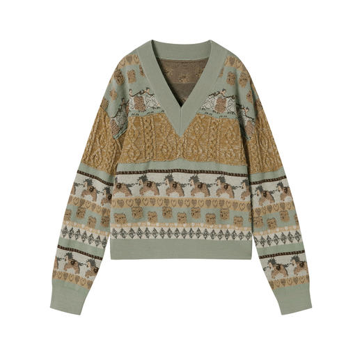 谜底V领套头针织衫长袖2025冬季新品复古原创图案毛衣女254MZ1873 商品图4