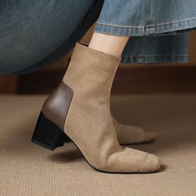 【预售5天】牛皮显瘦短靴秋冬新款方头磨砂短筒粗中跟百搭马丁靴女DQ&DQ1377