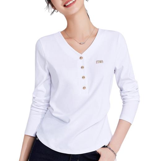 「自j」全新升级【铂金会员119/天猫159/差价40】(95702)洛诗琳2025秋季设计感V领不规则弧形下摆韩版纽扣长袖T恤女 商品图4