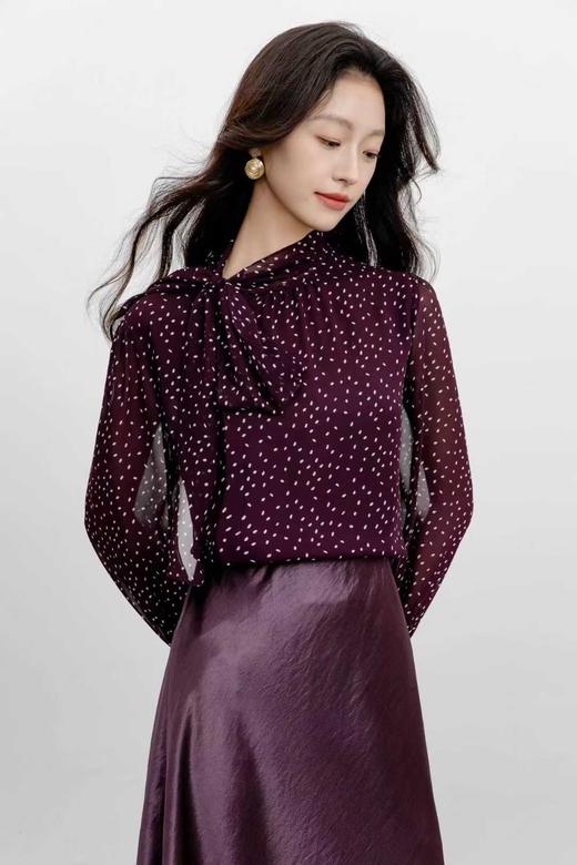 SZ3F53_魏紫色_衬衫_春秋_飘带蝴蝶结长袖波点印花垂感雪纺_高级女装_BERNIEELEN 伯妮斯茵 商品图1