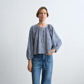 ROMI STUDIO“法式慵懒”蓝白格纹轻薄宽松圆领长袖衬衫 RWCRS64423