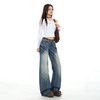罗蒙牛仔裤女士春秋款复古深蓝渐变水洗抓痕美式高街低腰拖地宽松阔腿裤 商品缩略图3