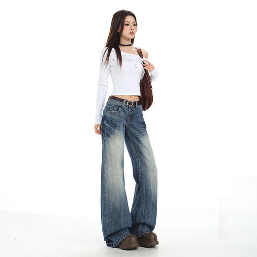 罗蒙牛仔裤女士春秋款复古深蓝渐变水洗抓痕美式高街低腰拖地宽松阔腿裤 商品图3