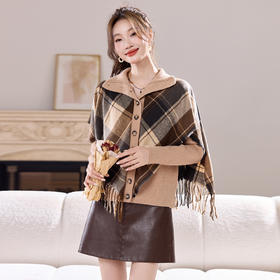 SC54-6977-188 2025秋冬新款设计感拼接假两件针织开衫格子流苏短外套女春秋毛衣