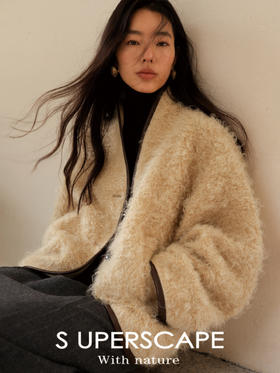 素舶 意大利进口马海毛羊毛圈圈长毛蝙蝠袖羊皮包边毛呢短外套