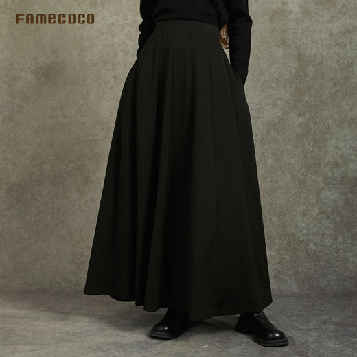 Famecoco范可儿气质百搭纯色半身裙垂坠感显瘦A字大摆裙FAC6HA024 商品图3