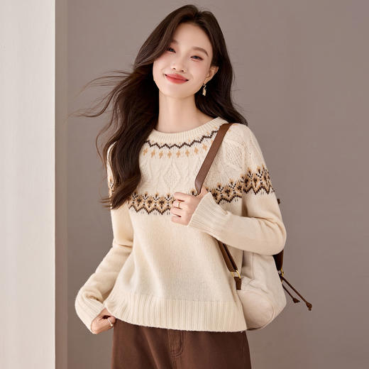 QF 20-1573麻花羊毛毛衣软糯圆领提花针织衫上衣 商品图0