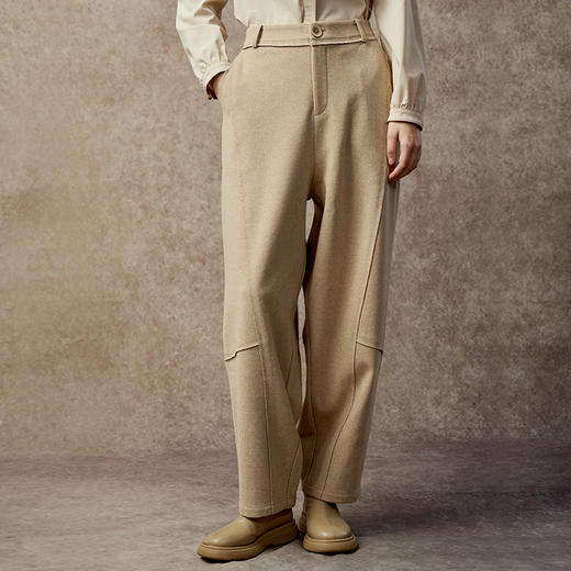 Famecoco双色羊毛梭织简约弯刀裤宽松休闲裤弹力松紧带FAC8GA003 商品图0