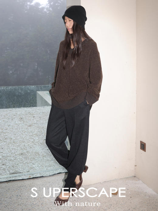 素舶 进口秘鲁羊驼毛圈圈纱V领拼接松弛感宽松针织套衫毛衣 商品图3