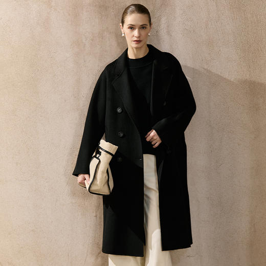 Famecoco简约西装领宽松直筒纯羊毛双面呢大衣长款毛呢FAC8AQ026 商品图0