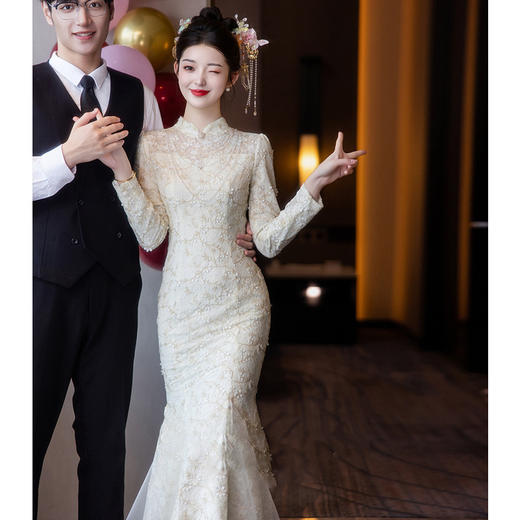 蕾丝敬酒服新娘2025新款新中式旗袍订婚礼服连衣裙平时可穿鱼尾女 商品图1