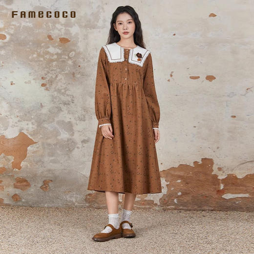 Famecoco范可儿专柜同款碎花连衣裙裙娃娃领高腰春秋季FAB6FA023 商品图1