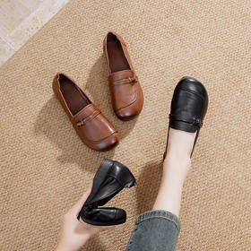 中老年深口复古单鞋，真皮平跟软底一脚蹬圆头妈妈鞋MLD-8337