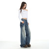 罗蒙牛仔裤女士春秋款复古深蓝渐变水洗抓痕美式高街低腰拖地宽松阔腿裤 商品缩略图6